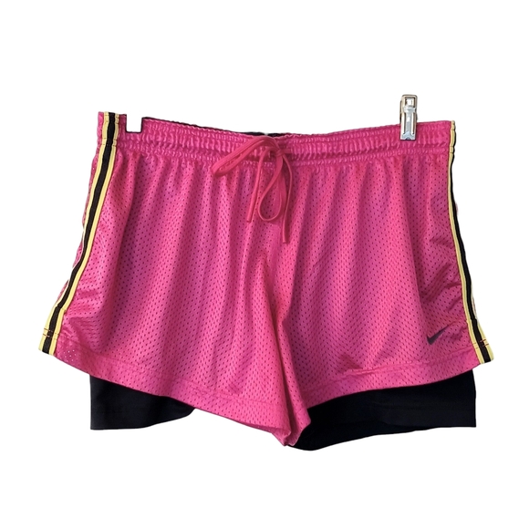 Women's Nike Pro Combat Pink Mesh Shorts With Navy Blue Undershorts - Large - Picture 1 of 12